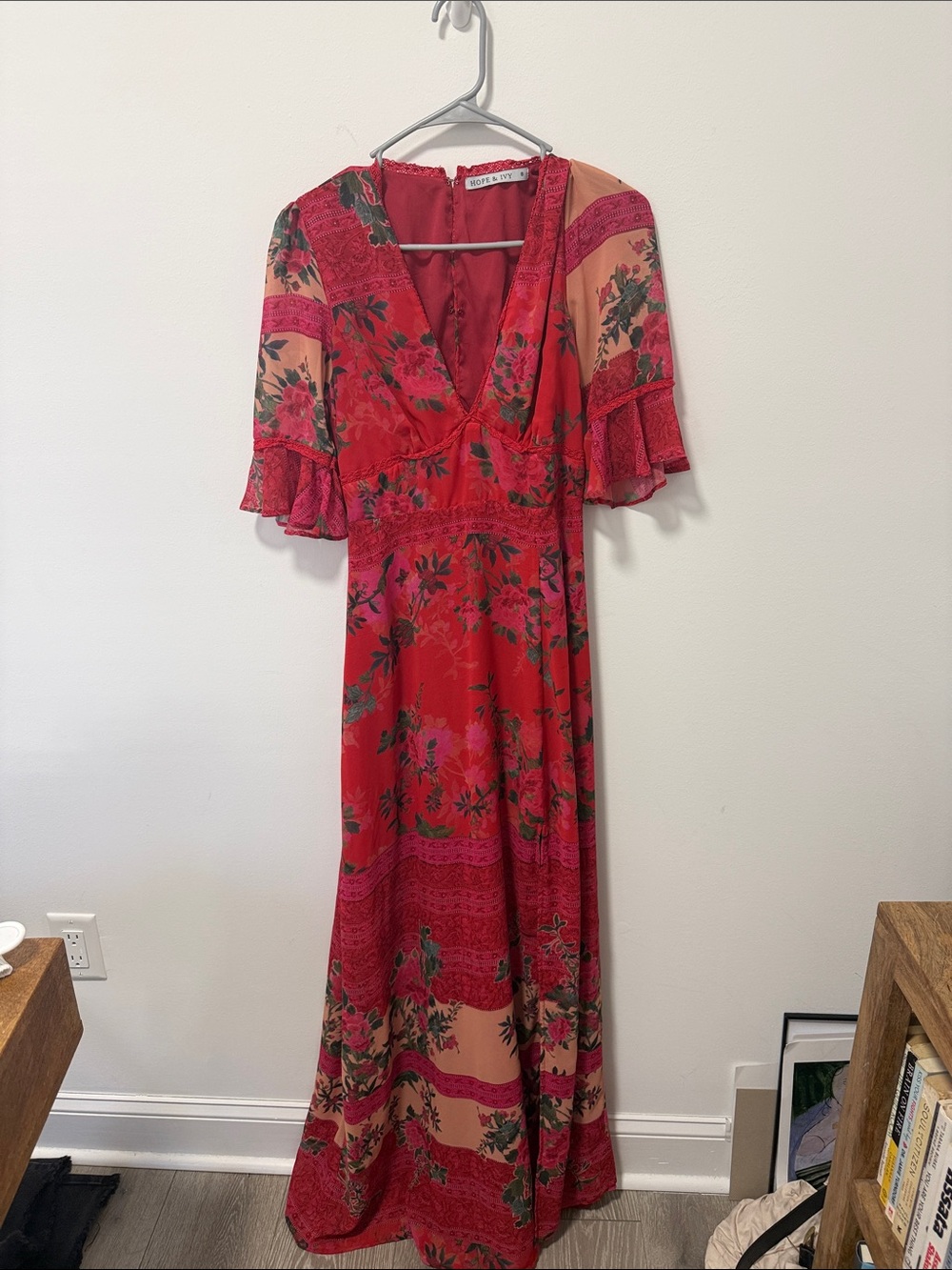 Red Floral V-Neck Maxi Dress with Flutter Sleeves